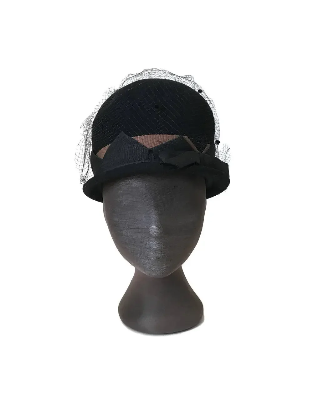 Vintage Black Felt Cloche Hat: 1950s Fawntra Millinery with Netting